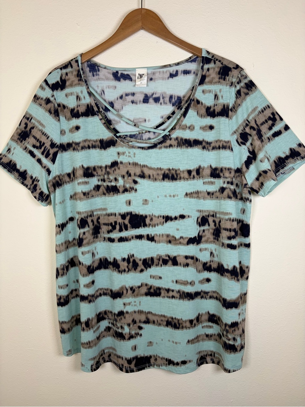Sew In Love 2X Aqua Tie Dye Criss Cross Short Sleeve Top